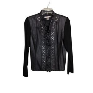4435)Peter Nygard Black Moto  Leather  Metal Studs Knit Sleeve Full Zip Jacket L